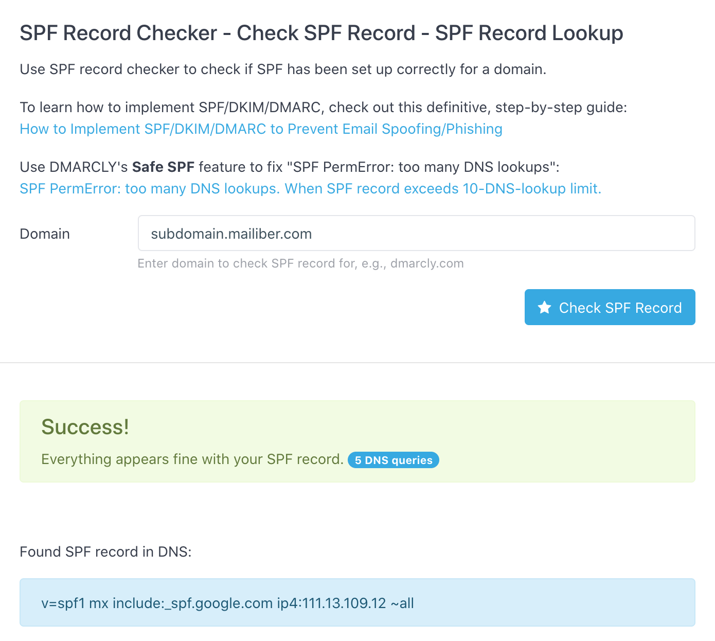 Verifique o subdomínio do registro SPF