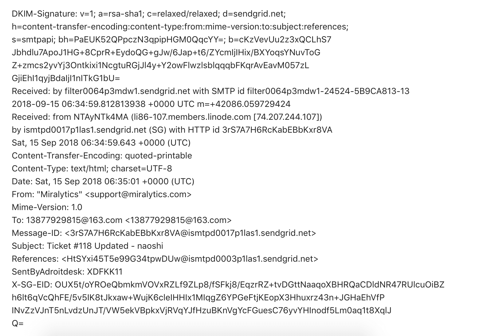 DMARC failure/forensic report example email header