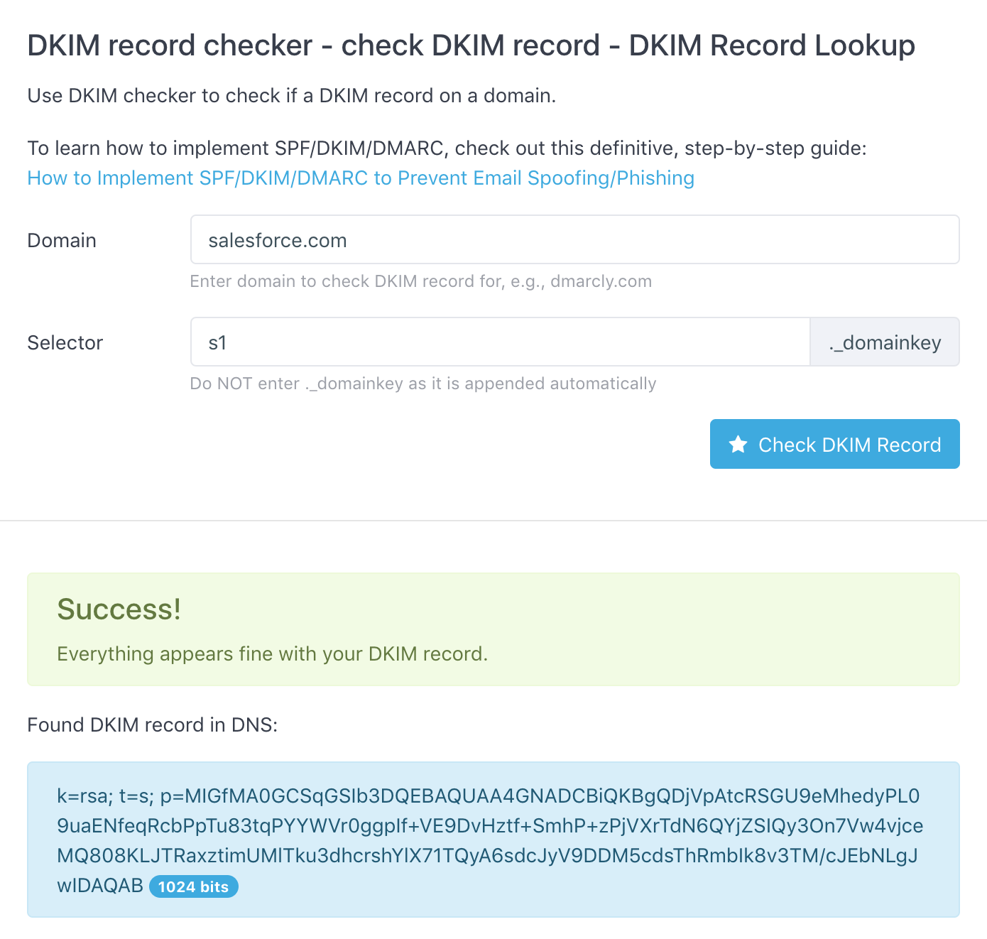 Find DKIM record by DKIM selector on domain